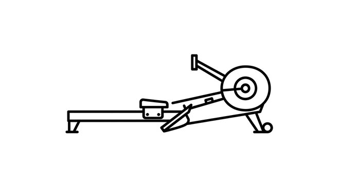 A simple black and white line art icon of a rowing machine for gym exercise with training cardiovascular workouts