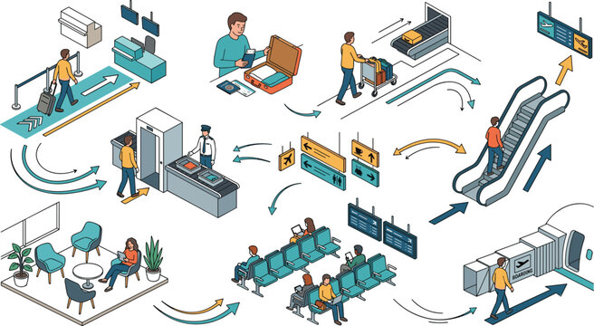  Isometric airport passenger journey vector illustration set showing process from check in baggage handling security check waiting lounge and jet bridge boarding