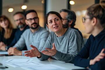 Fototapeta premium Diverse research team discussing diagrams in modern conference room