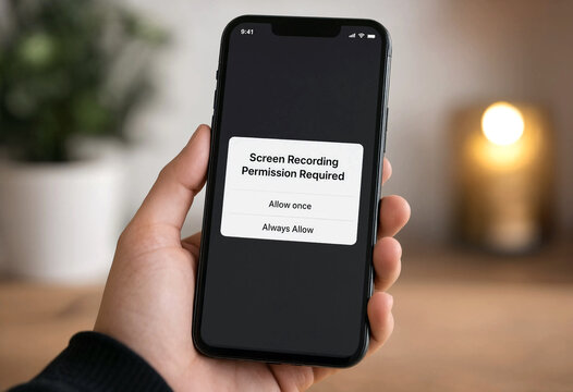 Hand holding smartphone with screen recording permission prompt displayed on screen in a cozy indoor setting