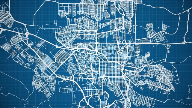 Ink reveal animation of Londrina city, Paran&aacute;, Brasil (Brazil) grid map. Aerial top view. Blueprint style. White lines with blue background. 4K Seamless loop.