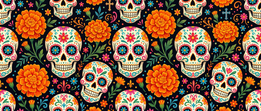 Festive D&iacute;a de los Muertos pattern featuring ornate sugar skulls and vibrant orange marigold flowers, creating a colorful traditional Day of the Dead decorative background.