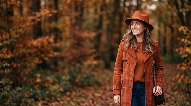 Smiling woman in a rust suede coat and hat stands in an autumn forest, with ample copy space for a seasonal banner