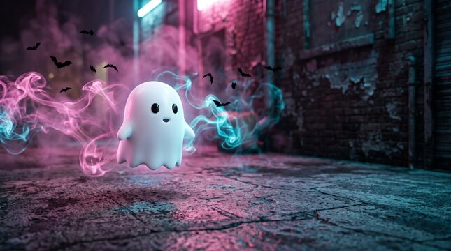 Cute white ghost floats through a smoky neon alley with bats, creating a playful Halloween banner with copy space