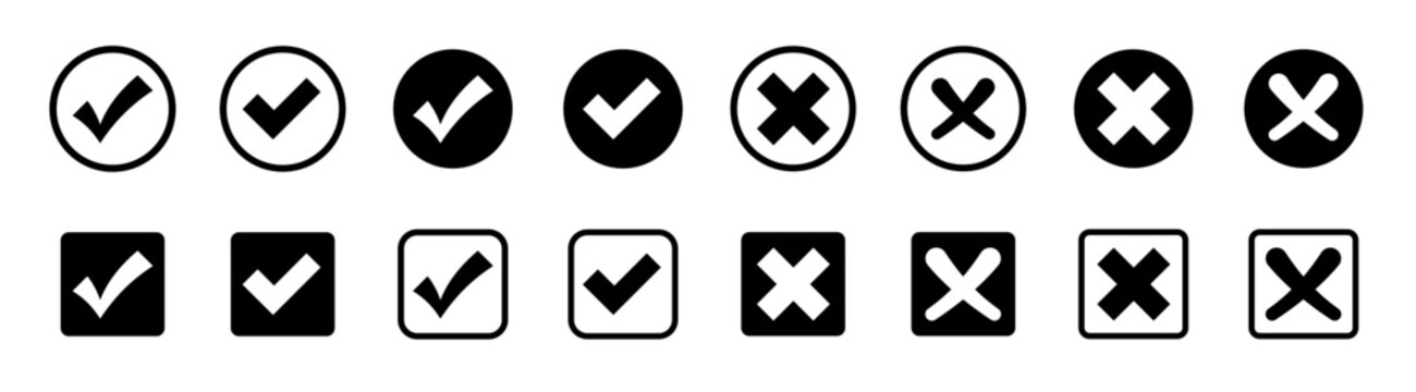 Checkmark and cross vector icon set. Yes and no, approved and rejected, correct and wrong, agree and disagree symbols in circle and square buttons.