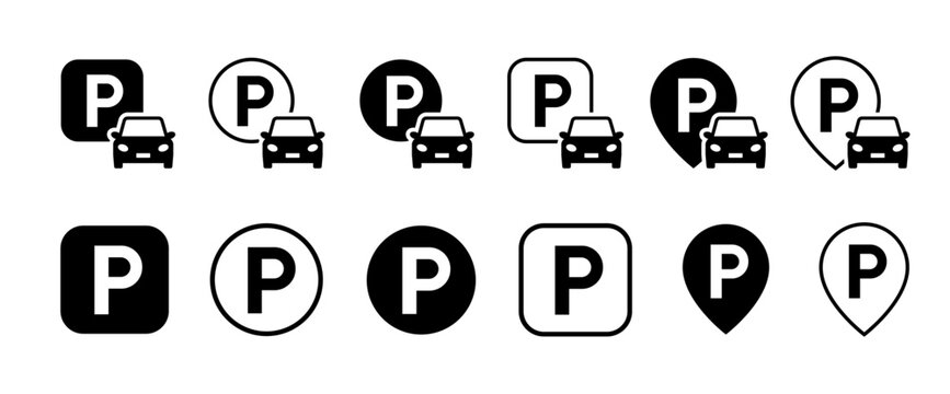 Car parking location vector icon set. Parking lot, valet service, area sign, and map pin symbols in line and solid black styles.
