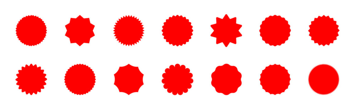 Starburst sale sticker label vector icon set. Red sunburst, promo badge, discount tag, starburst seal, and offer price burst shapes.