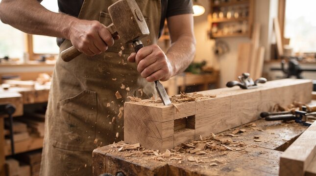 Close-up shot of a craftsman using a wood chisel and mallet to carve a mortise joint in an oak beam