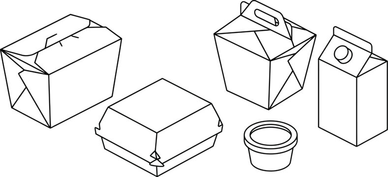 takeout food containers fast food packaging vector line art icon set