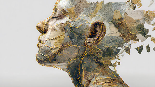 Fragmented human mind represented as a cracked sculptural form repaired with golden lines, symbolizing trauma, emotional healing, resilience, recovery, and mental health awareness