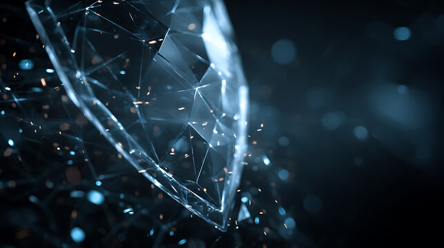 Abstract fractured glass structure with glowing particles in a dark digital space, symbolizing cybersecurity, artificial intelligence, data protection, encryption, networks and future technology