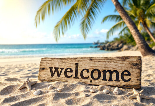 Wooden welcome sign on tropical beach with palm trees and ocean view