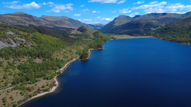 Aerial view of  Ennerdale Water surrounded by mountains, Lake District National Park, England, UK