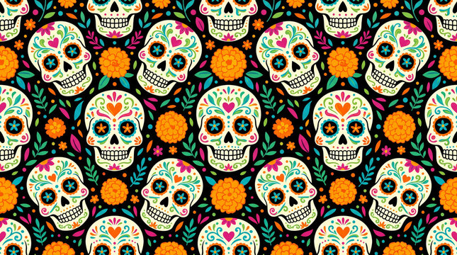 Seamless D&iacute;a de los Muertos pattern with decorated Mexican sugar skulls and vivid orange marigold flowers scattered across a deep black background, Day of the Dead, calavera, cempas&uacute;chil, Mexican folk