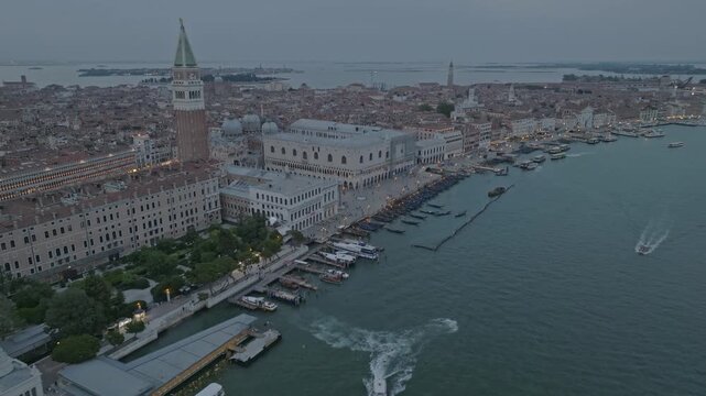 Aerial view of St. Mark's Square, the Campanile, and the Doge's Palace along the waterfront in Venice, Veneto, Italy.