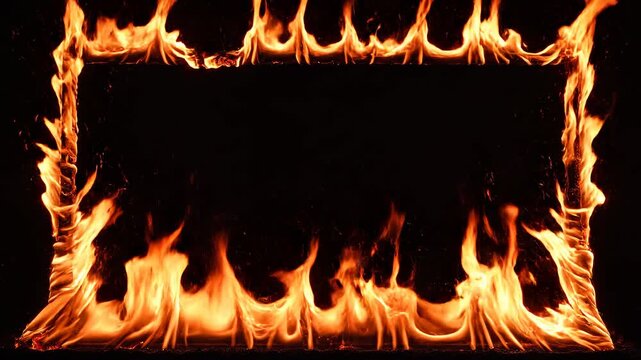 Fiery rectangular frame with dynamic flames dancing against a dark backdrop for cinematic overlays and graphic design elements