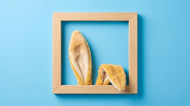 Furry bunny ears peeking from inside a wooden picture frame on a blue background