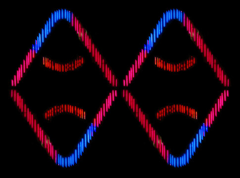 creative lighting installations with neon or LED light tubes in blue and red