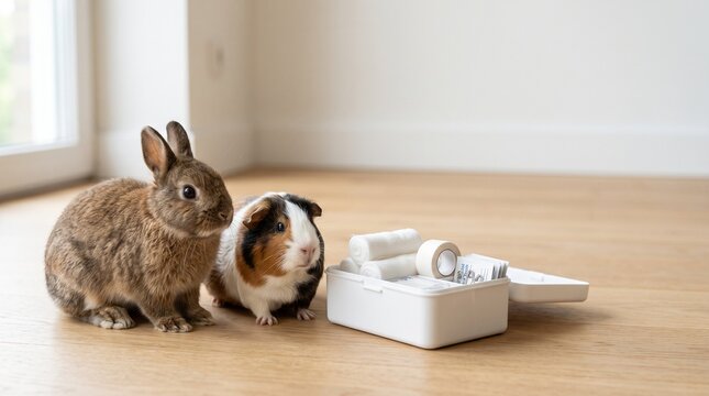Pet first aid kit with rabbit and guinea pig sitting on wooden floor in minimalist home interior for veterinary health and emergency care background