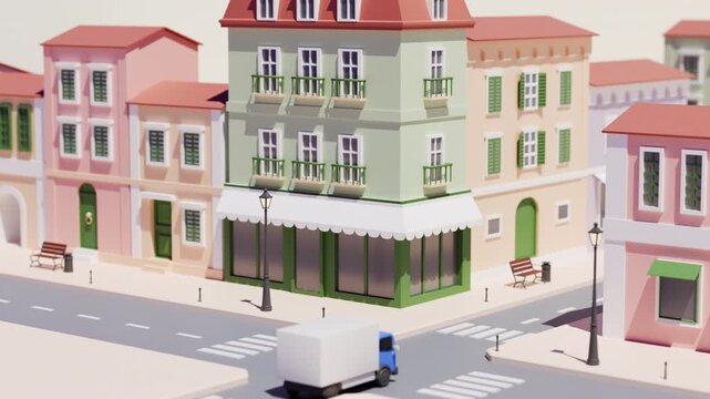 City streets animation. 3D render, stylized cartoon design, looped motion graphics. Urban transportation, taxi service. European-inspired architecture, cafes and stores, apartments 