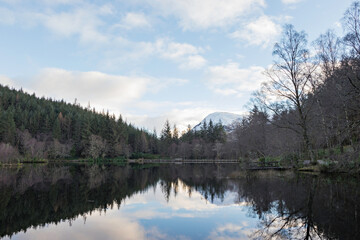 View from the path by Glencoe Lochan toward pointy Aonach Dubh a' Ghlinne and bulky Meall Mor. Glencoe village, Lochaber, Highlands of Scotland. © David