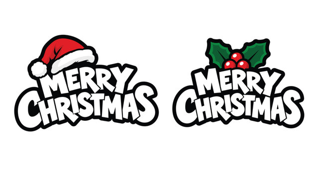 Elegant Merry Christmas Script Typography Vector with Santa Hat and Decorative Flourishes
