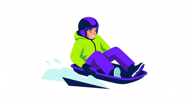 Child sledding down a snowy hill in a colorful winter outfit  