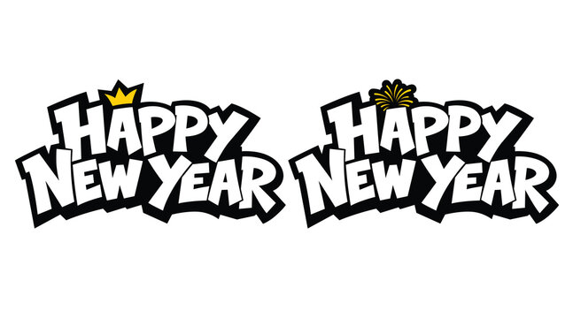 Happy New Year 2026 Bold Cartoon Typography Vector Set with Firework Elements
