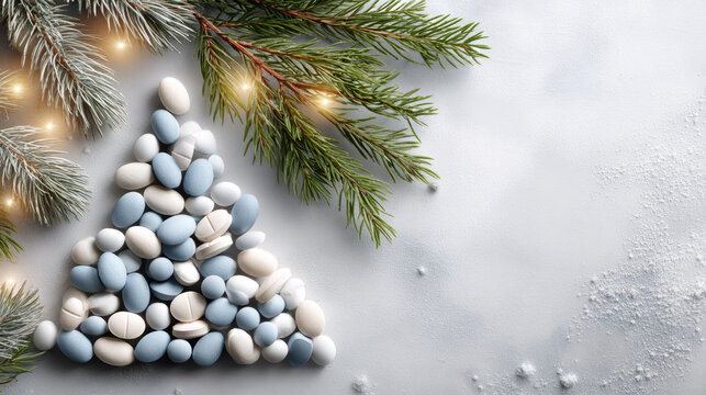 Pills forming a christmas tree shape, representing health and wellness during the holiday season, with a blend of medical care and festive spirit for well-being