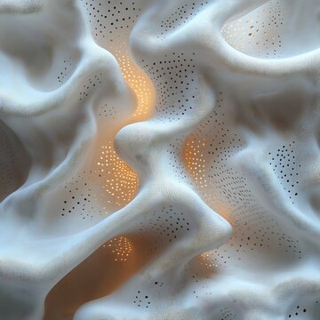 Parametric white surface with perforated patterns and warm interior glow creating a rhythmic organic structure
