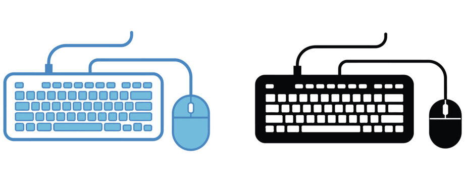 computer keyboard and mouse peripheral icons collection, flat vector illustration for ui design showing input devices for desktop and software applications