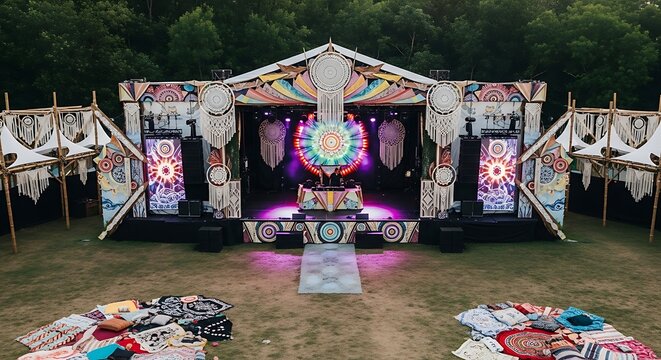 A decorated outdoor music stage with colorful lighting and bohemian decor at a public festival with decorated macrame dreamcatchers