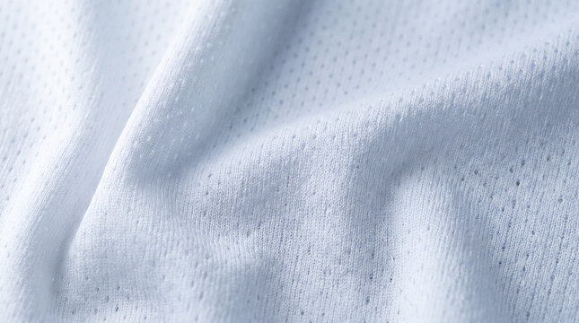 A high-resolution close-up view of a white synthetic mesh fabric, showing detailed athletic jersey texture with soft light and elegant flowing folds.