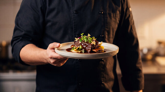 A professional chef in a black uniform presents a plate of elegantly plated gourmet braised beef short ribs with garnish and edible gold leaf.