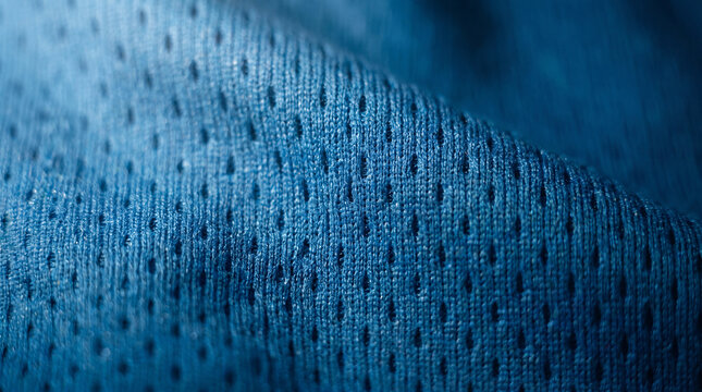 A high-detail macro shot showing the textured pattern of blue moisture-wicking synthetic fabric used in athletic sportswear and gym apparel.