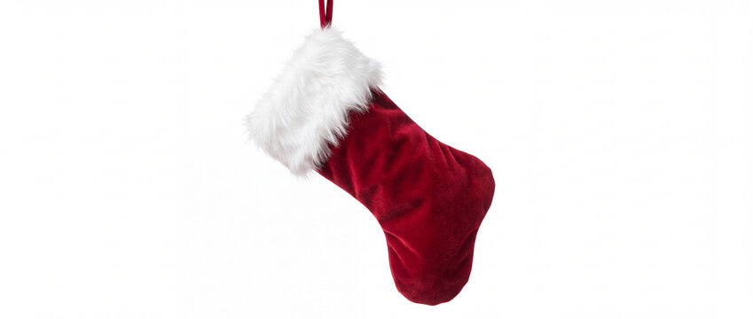 Christmas stocking made of red velvet with fluffy white faux fur trim, hanging isolated for holiday gift packaging, seasonal greeting banners, and traditional festive celebration decor