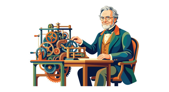 An inventor works at a table with complex gear mechanisms vector illustration