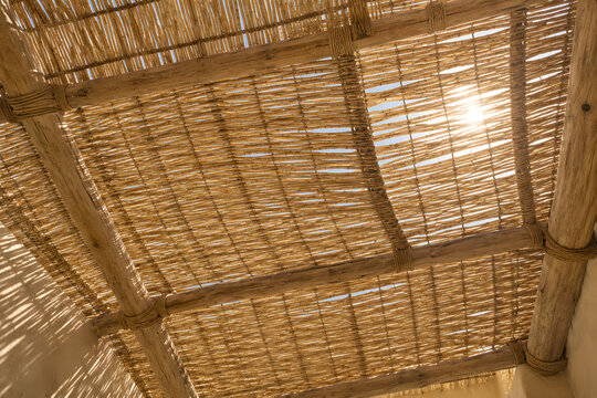 Sunlight through a reed canopy and wooden beams