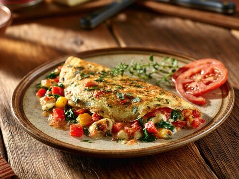 Vegetable omelette with spinach and peppers on a rustic plate