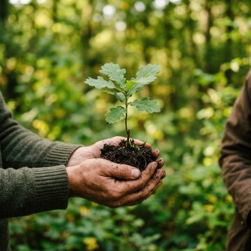Hands holding a young oak sapling with soil ready for planting in a lush green forest background