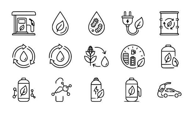 Green fuel thin line vector icon set with biofuel biodiesel renewable energy clean transportation and sustainable technology symbols