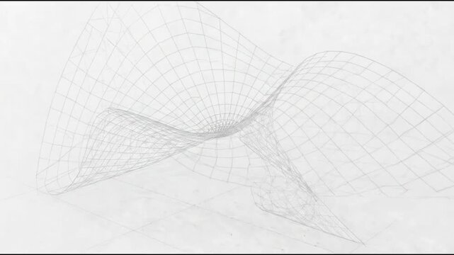 Abstract geometric wireframe structure with intersecting curved surfaces and grid lines