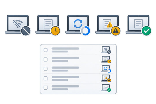 Laptop synchronization status icons and checklist