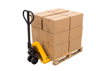 Yellow manual pallet jack loaded with stacked cardboard boxes on a wooden pallet isolated on a white background © Justin