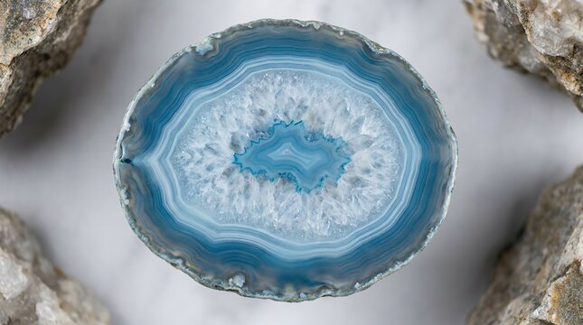 Blue agate geode crystal cross section photo with mineral rings and quartz structure