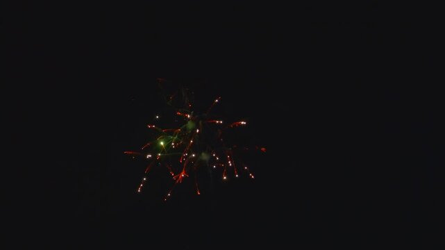 People gather in a local park during evening time to watch colorful fireworks explode in the sky. Different shapes and colors illuminate the darkness, creating a festive atmosphere.