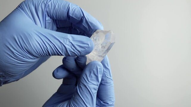 Close-up of gloved hands carefully rotating and inspecting a transparent crystal specimen against a clean neutral background with copy space.