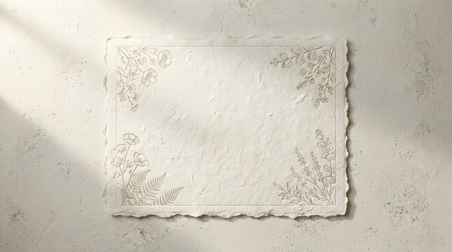 Deckle edge paper background with botanical floral line art border and copy space