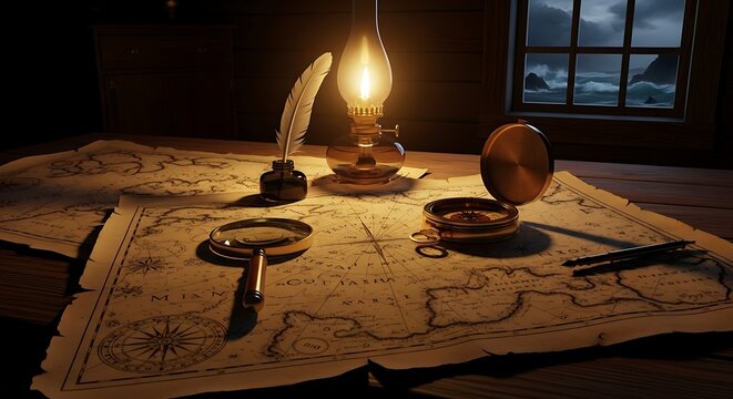 Vintage nautical maps with a compass and magnifying glass on a desk by a window with wooden desk illuminated