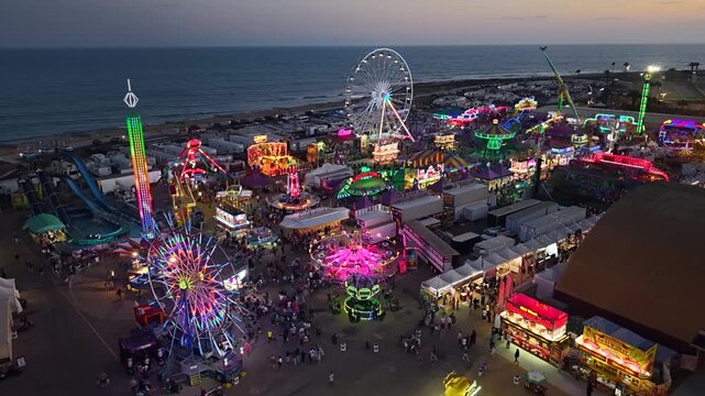 CALIFORNIA - 9.2.2026 - Amazing aerial view of the beachfront Ventura County Fair at dusk.